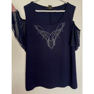 New Diana Belle Cold Shoulder Dark Blue  Embellished Rhinestones Top XL
